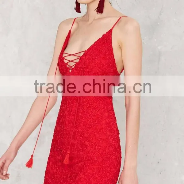 2016 OEM Service Sexy Cotton Tassel Backless Red Crochet Mini Dresses photo-3