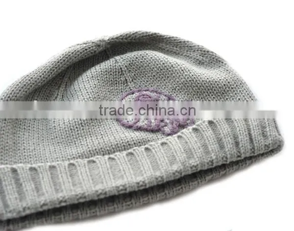 Grey Plain Knit Kid Hat Beanie With Fish Embroidery and Rolled Cuff