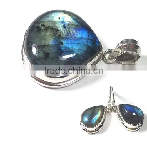 Genuine Stamp 925 Sterling Silver 925 Solid Sterling Silver Jewelry Labradorite Pendant Earrings Set