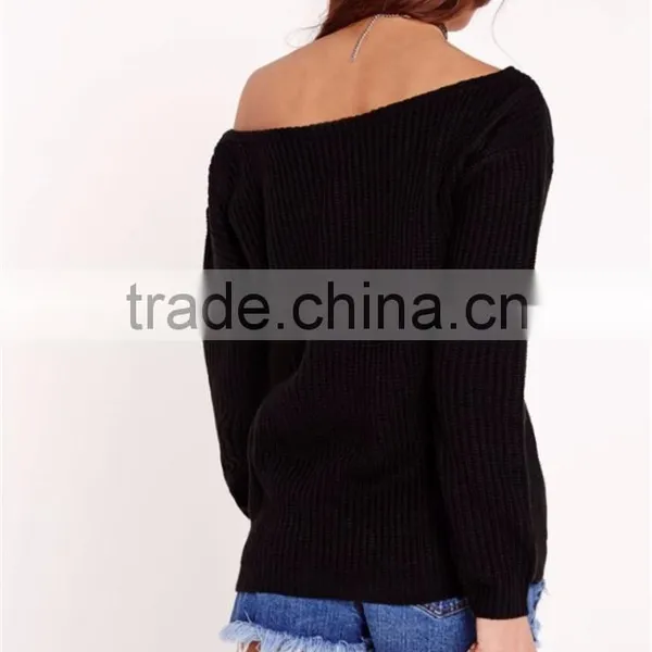MGOO Plain Black Off Shoulder Knitted Jumper Oversized Long Sleeve Knitwear Loose Sweater With Own Label photo-4