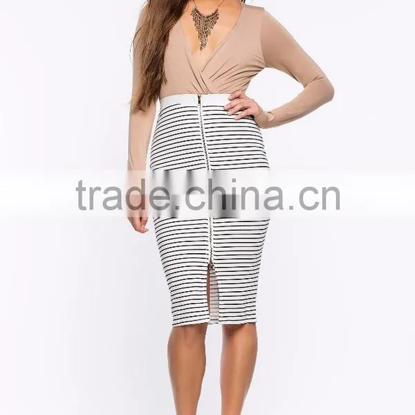 Fashion Zip-up Front Classic Stripe Skirt Women High Waist Pencil Skirt photo-3