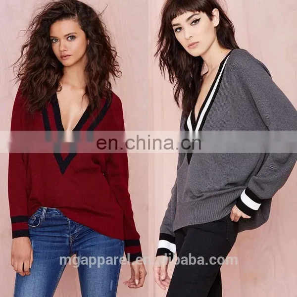 Fashion Deep V-neck With Stripes Knit Sweater Ribbing Detail Long Sleeve Woman Knit Wear