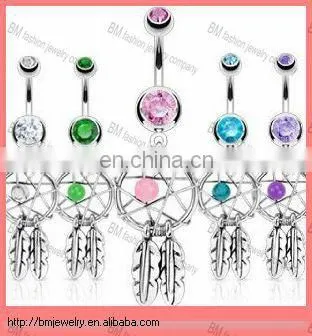 New Arrive !! Fashion Newest Dream Catcher Belly Rings With Gems Navel Button Piercing Body Jewelry in Stainless Steel