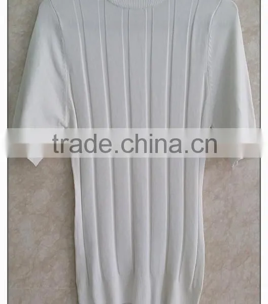 Simple Little Turtle Neck Knitting Wear Short-sleeve Vertical Stripe Pullover Lady Stretch White Top