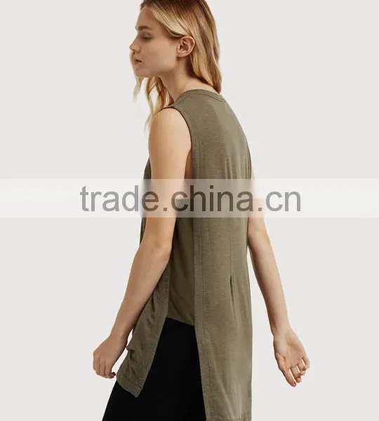 Latest Fashion Design Women Clothing Sleeveless Side Split Loose Long T-shirt photo-3