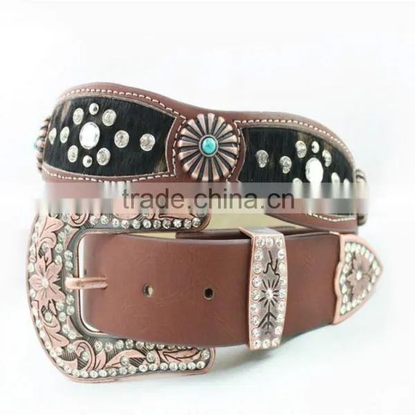 2016 Best Seller Scallop Western Rhinestone Leather Belt With Turquoise Concho photo-4