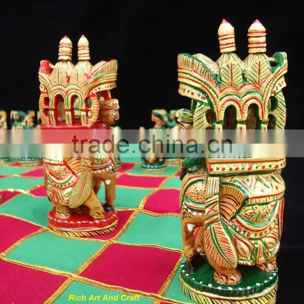 Hand Crafted Hand Painted Artisan India Art & Craft Fine Carvin Wooden Chess Set photo-3
