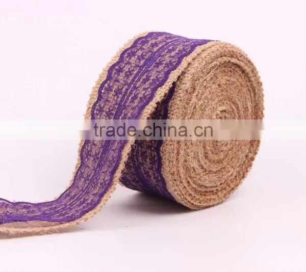 Jute Burlap Natural Hessian Ribbon With Purple Lace Trim Wedding photo-3