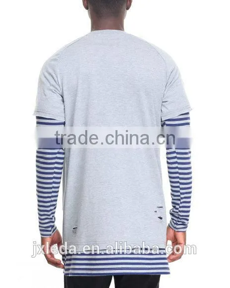Crew Neck Tees Sleeve Color Block Stripe Layer Men's Longline t Shirt photo-3