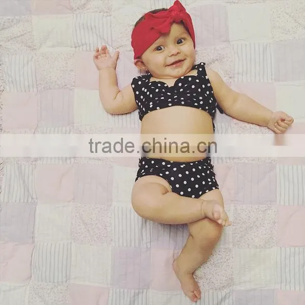 Children Kids Knit Bikini Beachwear Swimwear 2016 High Waist Solid Color Polka Dot Swimsuit Bathing Suit photo-3