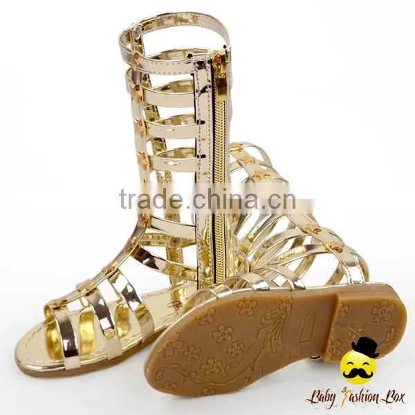 2017 New Models Design Kids Metal Golden Color PU Little Girl Gaiters Boots Shoes With Zipper Snadals photo-3