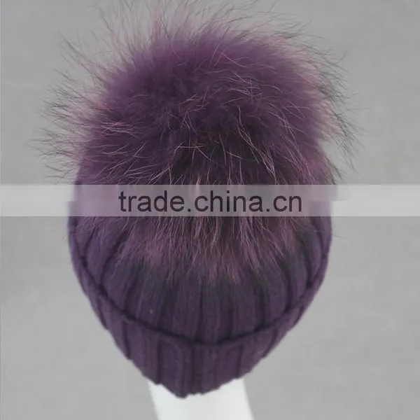 Myfur Fashion Style Diamond Ladies Wool Knitted Beanie Hat With Real Raccoon Fur Pom Pom photo-5