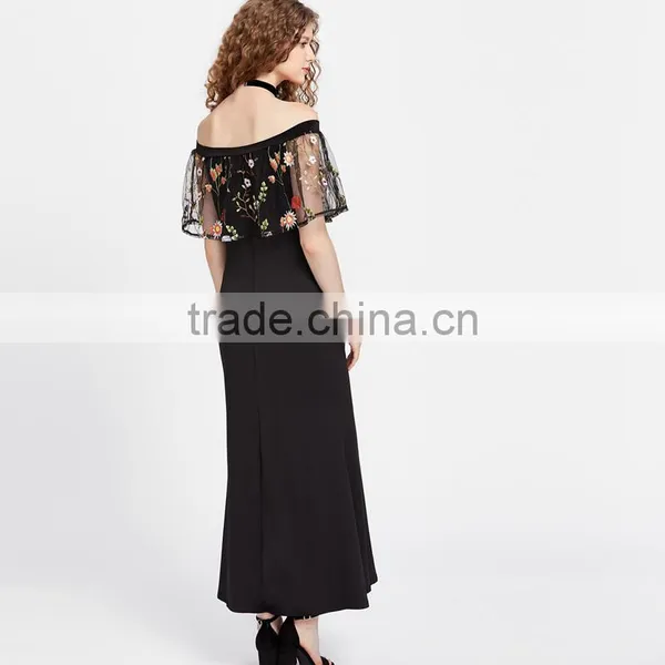 HOT off the Shoulder Sexy Dress, Woman Floral Print Mesh Maxi Long Dress photo-4
