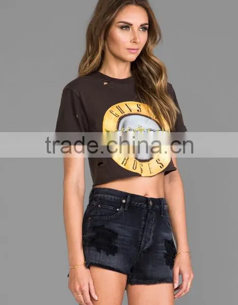 Intentional Holes Throughout Raw Cut Hem Crop T-shirts photo-2