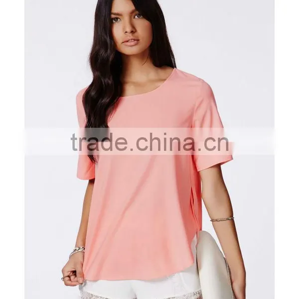 High Quality Summer Short Sleeve Chiffon Woman Blouse,Wholesale Pink Chiffon Blouses For Women photo-2
