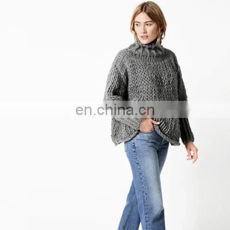 Women Woolen Handmade Kintted Pullover Oversized Chunky Turtleneck Sweater photo-3