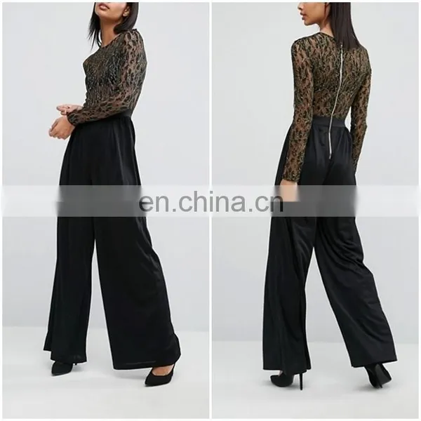 2016 Autumn Fashion Wide Leg Jumpsuit Black Jumpsuit Semi-sheer Lace Tops Bodysuit New Autumn Clothing