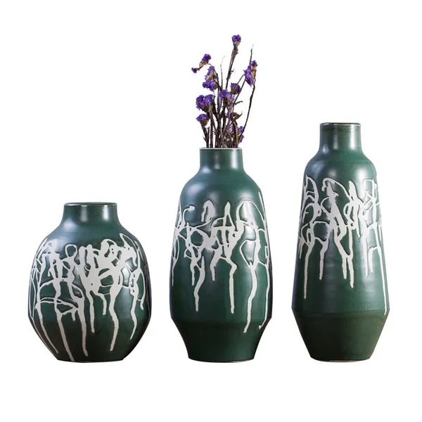 Dark Green Hand Carve Irregular Line Creative Ceramic Flower Vase Pot For Plant Decor photo-5