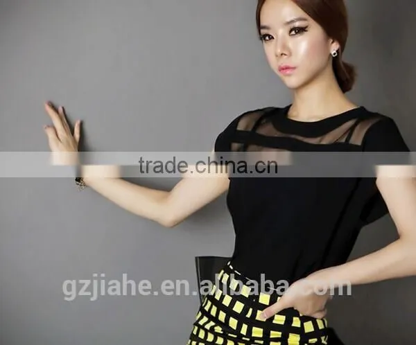 2015 Summer Ladies Black Tulle Tops Chiffon Shirts Blouses Women Sheer Cheap Clothes China Atacado De Roupas Femininas Camisas photo-2