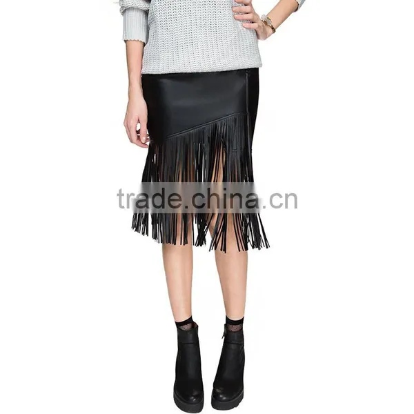 MGOO New Arrival OEM Services Women Black Faux Leather Midi Slinky Skirts With Tassels Bottom 15145A033 photo-2