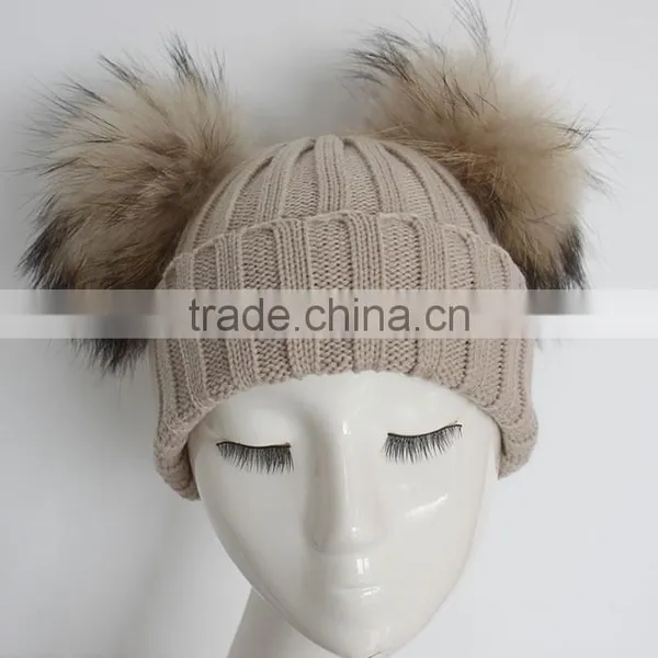 Myfur Cute Double Raccoon Fur Pom Poms Attached Ribbed Knitting Hat Wholesale photo-2