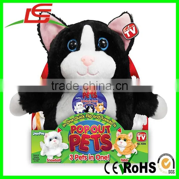 Wholesale Pop Out Pets Tuxedo Snowball Tabby Cats Stuffed Animals 3 In 1 Reversible Plush Toy