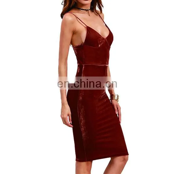 Brick Red Velvet Cami Pencil Dress Sexy Club Wear Slim Dress Women Sleeveless V Neck Knee Length Dress photo-4