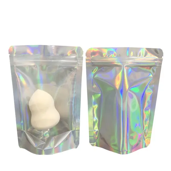 Hologram Mylar Cosmetic Glitter Powder Nail Polish Packaging Bags / Shinning Holographic Aluminum Foil Stand Up Pouch photo-5