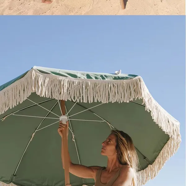 Wholesale 7FT Fringe Beach Umbrellas Outdoor Patio Umbrella OEM Customized UPF50+ Polyester With Aluminum Pole Windproof photo-3