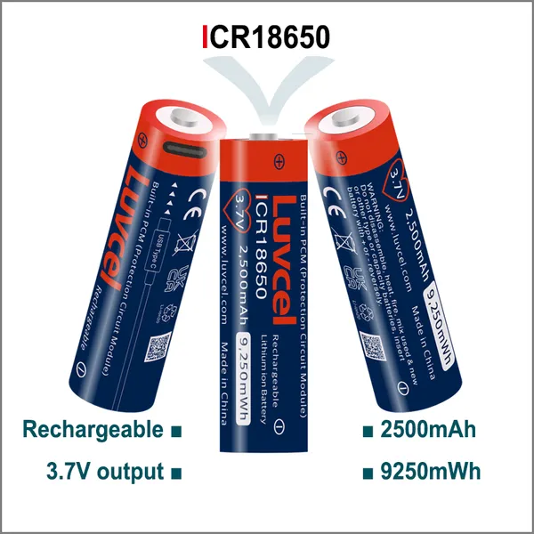 Зарядные литиевые батареи ICR18650 3.7В с разъемом USB-C для фонаря, фотоаппарата, кинокамеры, датчика движения, электронного замка