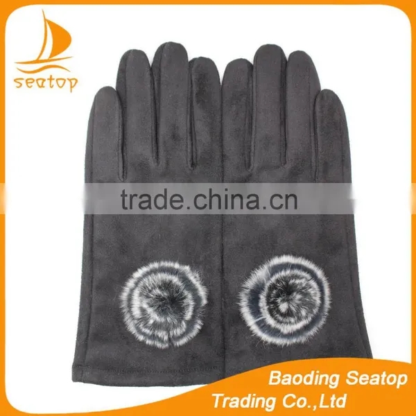 Women Classic Black Faux Suede Gloves With Rabbit Fur Ball