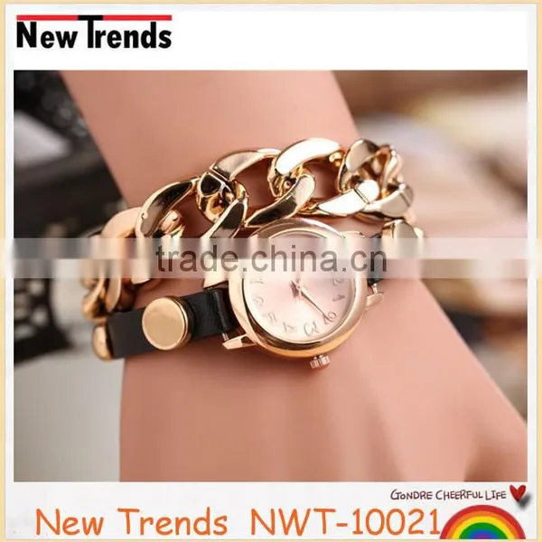 Gold Chain Wrap Bracelet Leather Watch Women Fancy Jewelry photo-3