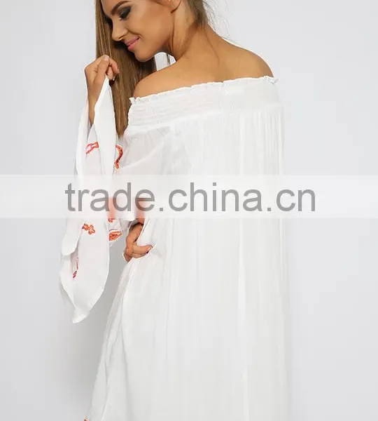 Hot-selling Off Shoulder Butterfly Sleeve Embroidered Stitch Tunic Dress photo-6