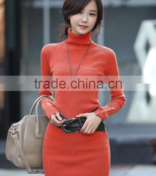 OEM Ladies Fashion Long Sleeve High-neck Slim Knitting Woman Pullover Sweater With Belt