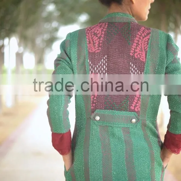 Vintage Kantha Long Jacket in Beautiful Viridian Green and Dull Red ~ Small photo-4