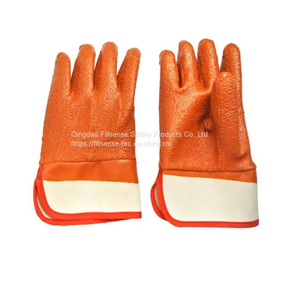 Heavy Duty Safety Cuff Cotton Jersey Liner Rough Sandy Orange PVC Coated Gloves photo-2