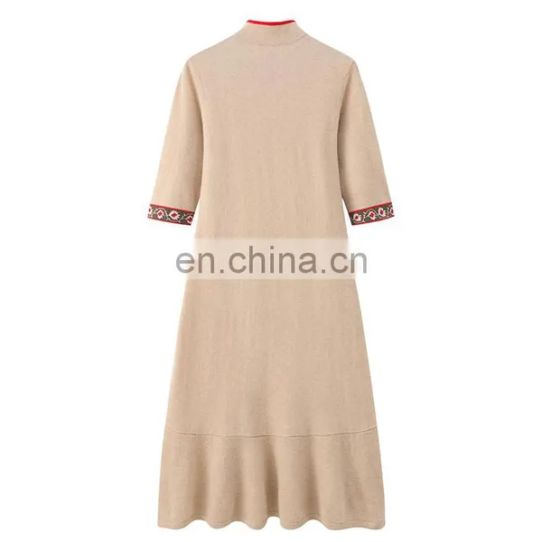 Autumn Luxury Slim Long Knitted 100% Cashmere Dress Ladies New Design Button Decoration Breathable Washable Floor-Length Natural photo-2