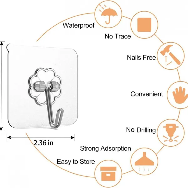 Adhesive Hooks, Sticky Hooks, Transparent Reusable Removable Adhesive Hooks for Hanging, Wall Hooks for Hanging Can be Use for Kitchen Bathroom Shower Outdoor Home Improvement photo-2