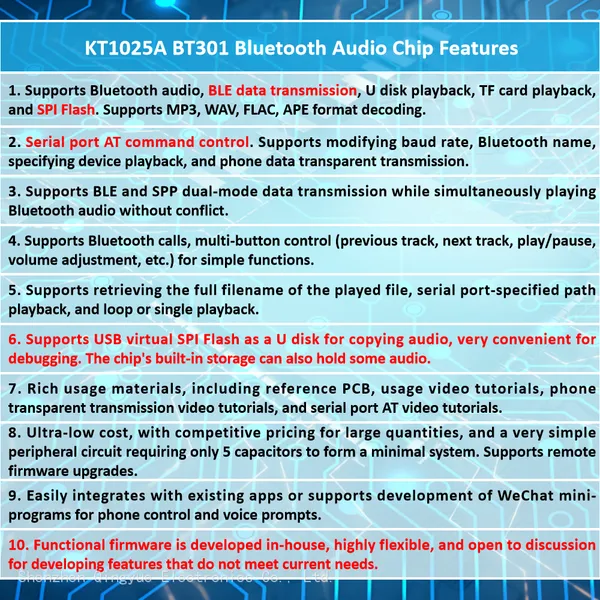 KT1025A BT301 Bluetooth Audio Chip IC Stereo MP3 Voice Download Module SPI Flash BLE 5.0 Data Transmission Solution AUX FM TF Card U Disk Playback photo-2