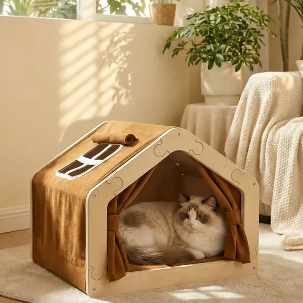 Solid Wood Pet House Cat Villa House for All Seasons Dog and Cat Pet Beds With Tent Semi-enclosed Insulation photo-2