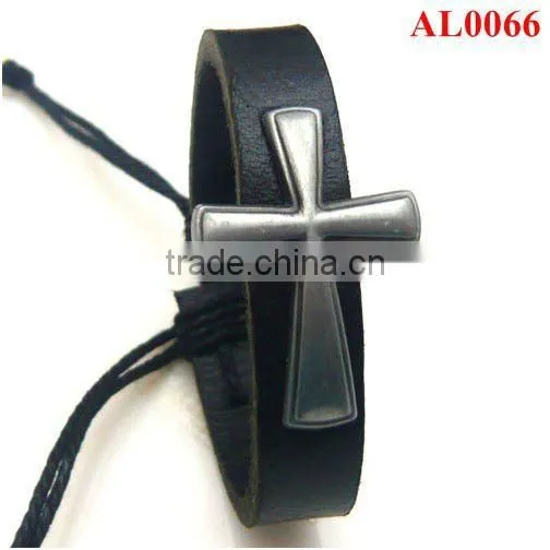 Men's Alloy Cross Leather Wristband Macrame With Wax Cords AL0066