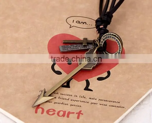 Long Men Vintage Alloy Arrow Pendant Leather Cowhide Lanyard Necklace photo-3