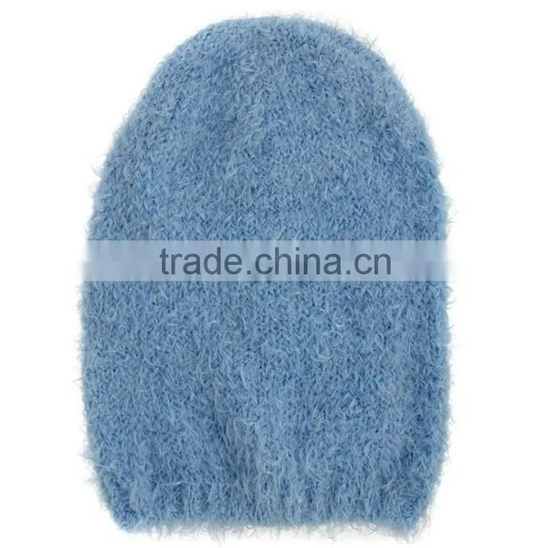 100% Polyester Light Blue Fluffy Textured Knit Beanie Cap & Hat