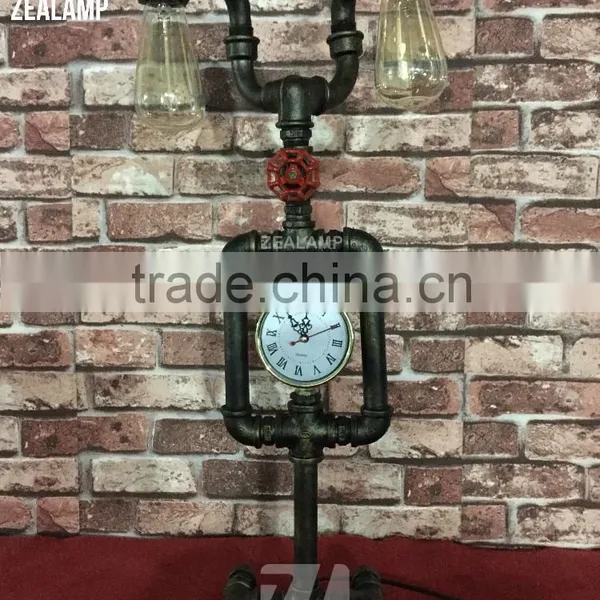 Industrial Style Pipe Lights Steampunk Pipe Table Lamp Edison Lamp Double Head With Clock photo-2