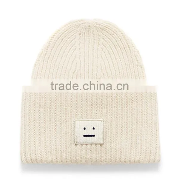Unisex Knitted Ski Cap Beanie With Smiling Face Leather Patch photo-2