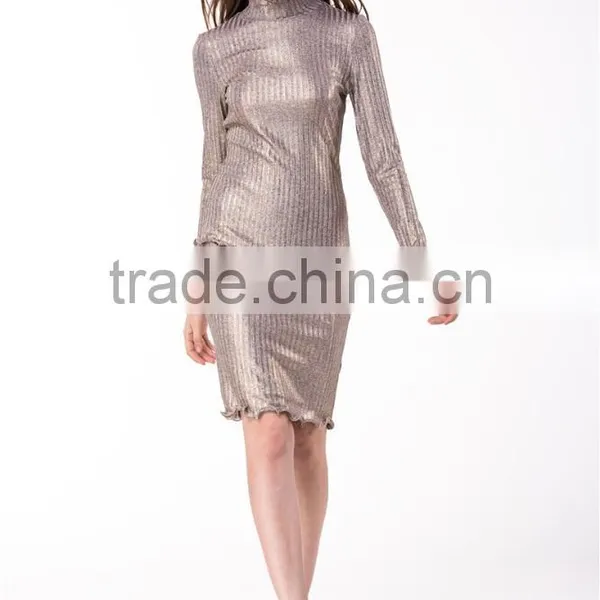 2017 New Arrival Metallic Gold Knitted Sweater Long Sleeve Hight Neck Tight Fit Pullover & Skirt Co-ord Set photo-5