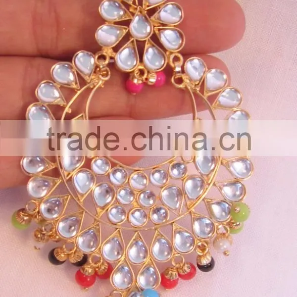 JADAU KUNDAN GOLD PLATED Multicolor Dangler EARRINGS TIKA SET Real Look photo-3