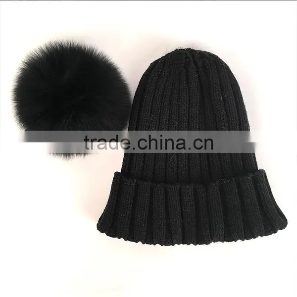 Myfur Hot Sale Black Winter Crochet Beanie Hat With Removable Fox Fur Bobble photo-3
