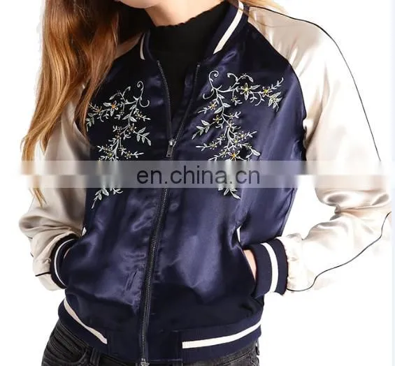 Hot Selling Woman Embroidered Satin Baseball Jacket Wholesale photo-3