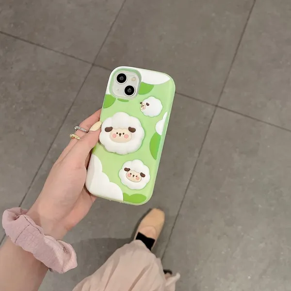 Soft Silicone Phone Case For IPhone 15 Pro Max 12 13 14 Decompression Green Small Sheep Expansion Bracket Protective Shell
